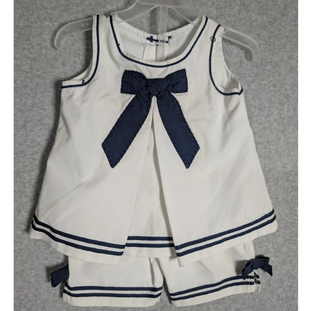 Good Lad Nautical Sailor Set White Navy Blue Bow Shorts 18M Toddler Girl Vintage
